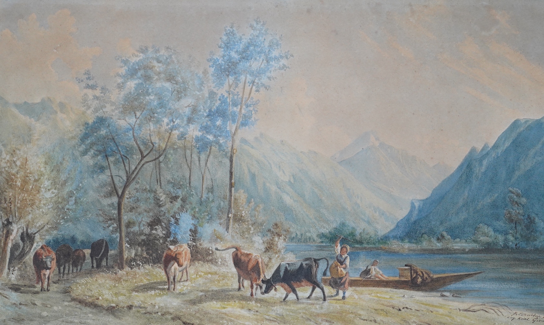 Karl Girardet (1813-1871), watercolour, Swiss mountainous landscape, signed and dated 1866, 34 x 56cm. Condition - fair, discolouration to the paper throughout